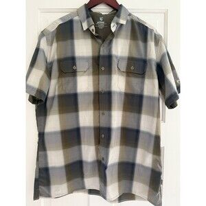 Kuhl Mens Shirt XL Olive GrewGray Plaid Born in the Mountains Logo Metal Buttons